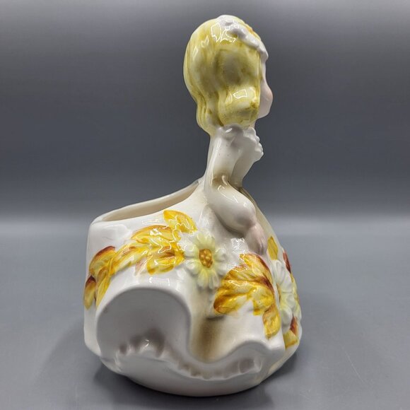 Vintage Relpo 6081 Girl Head Vase Planter Yellow Daisy Flowers Made In Japan - Picture 7 of 16
